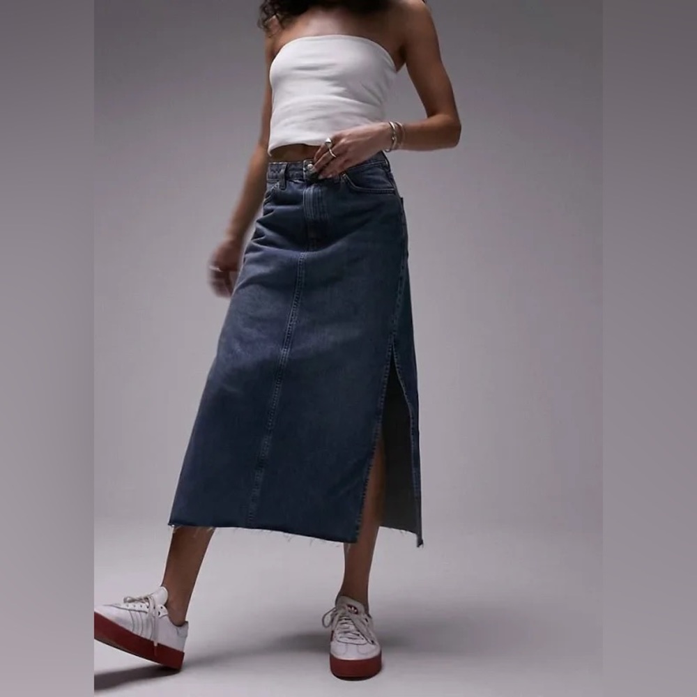 Topshop Side Split Denim Midi Skirt